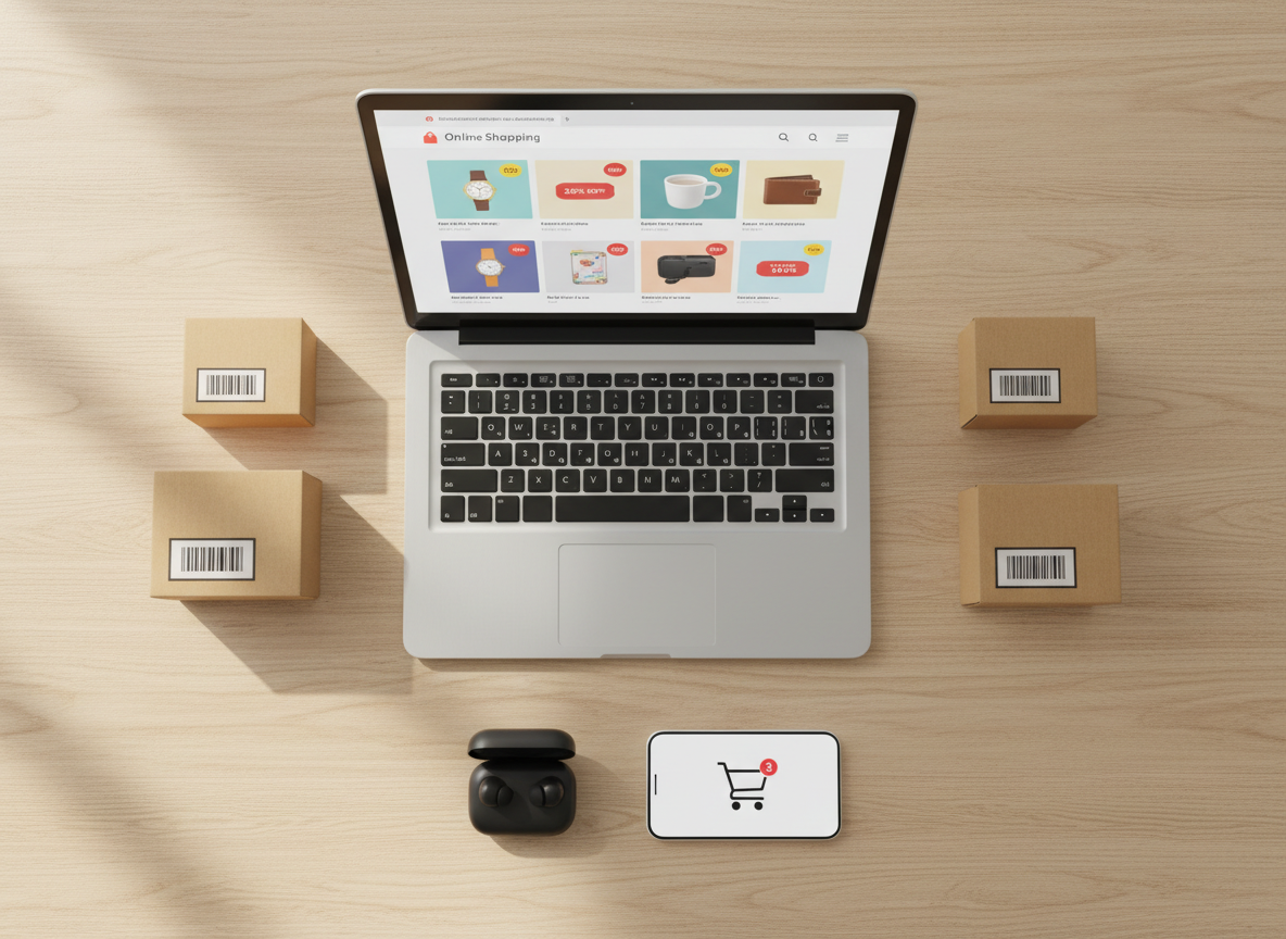 A sleek flat-lay of a modern online shopping workspace, featuring an open silver laptop displaying a clean e-commerce interface with colorful product cards and discount badges. Surrounding it are neatly arranged cardboard shipping boxes with printed barcodes, a pair of elegant black wireless earbuds in a matte charging case, and a minimalist white smartphone showing a shopping cart icon. Everything rests on a light oak wooden desk with a subtle grain. Soft daylight from an unseen window creates gentle highlights and faint shadows, giving a calm, professional atmosphere. Photographic realism, shot from a perfectly overhead bird’s-eye view with sharp focus throughout, balanced composition and a clean, modern aesthetic that suggests smart, effortless shopping.
